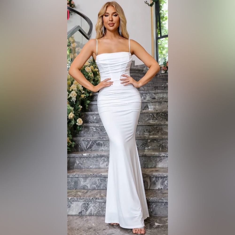White Mermaid Maxi Dress with Spaghetti Straps